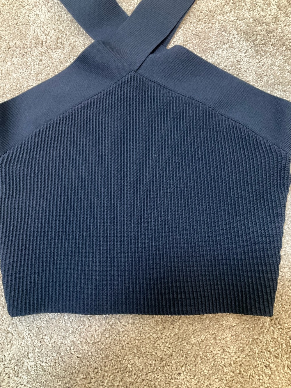 Babaton Sculpt Knit Cross Crop Top Navy Ribbed NWT Size S - Picture 3 of 7